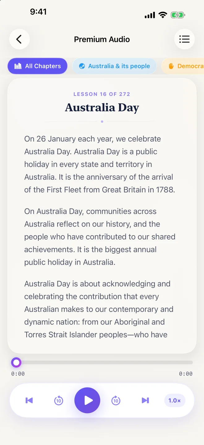 The audio player reading lesson 16 of 272, Australia Day, with the text highlighted