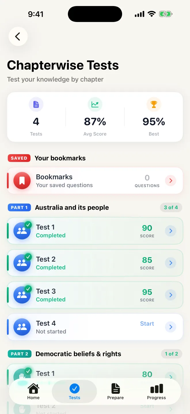 Chapterwise Tests screen, with a score on each completed test and a bookmarks row