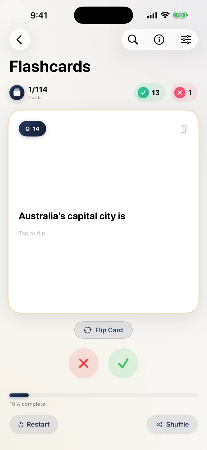 A flashcard asking what Australia’s capital city is, waiting to be flipped