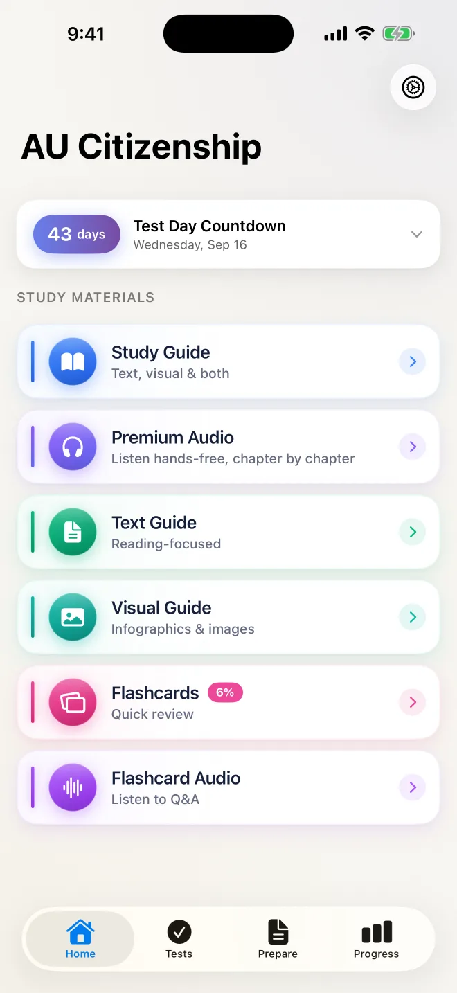 App home screen with a 43-day test countdown and the study materials list
