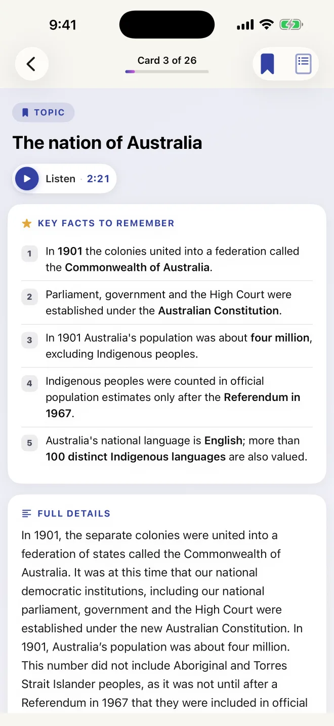 A study guide lesson on the nation of Australia with five key facts listed