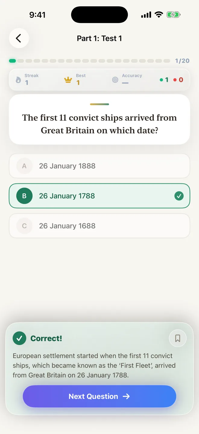 A practice question answered correctly, with the explanation shown underneath