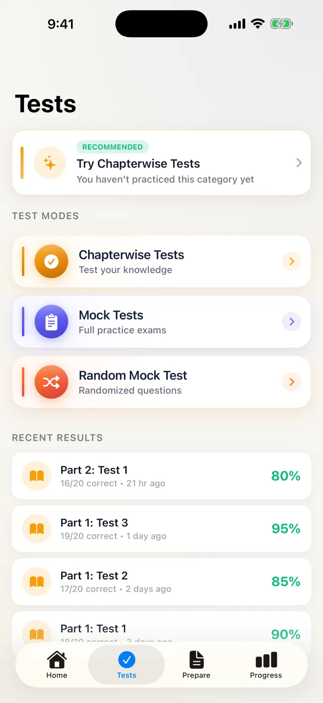 The tests screen showing chapterwise tests, mock tests and recent results