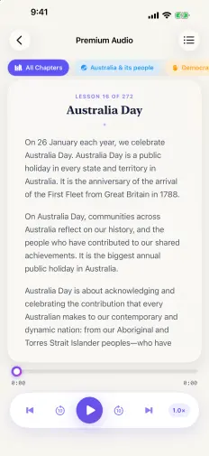 The audio player reading lesson 16 of 272, Australia Day, with the text highlighted