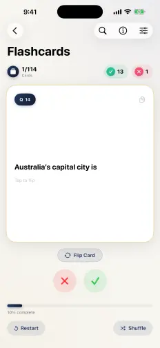 A flashcard asking what Australia’s capital city is, waiting to be flipped