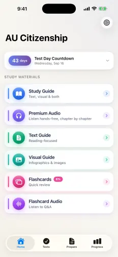 App home screen with a 43-day test countdown and the study materials list