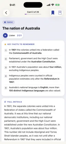 A study guide lesson on the nation of Australia with five key facts listed