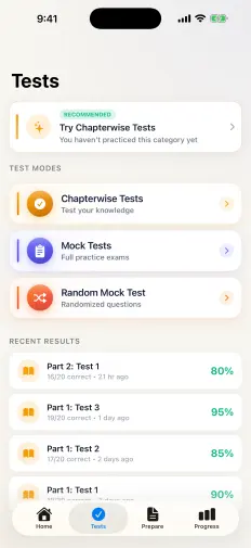The tests screen showing chapterwise tests, mock tests and recent results