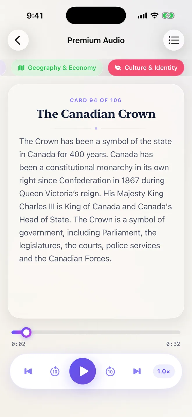 The audio player reading card 94 of 106, The Canadian Crown, with the full text on screen