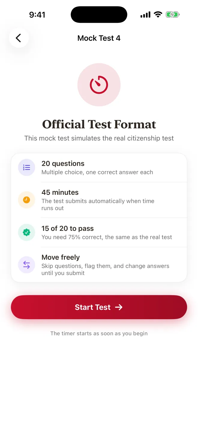 The mock exam intro: 20 questions, 45 minutes, 15 of 20 to pass, and answers you can change until you submit