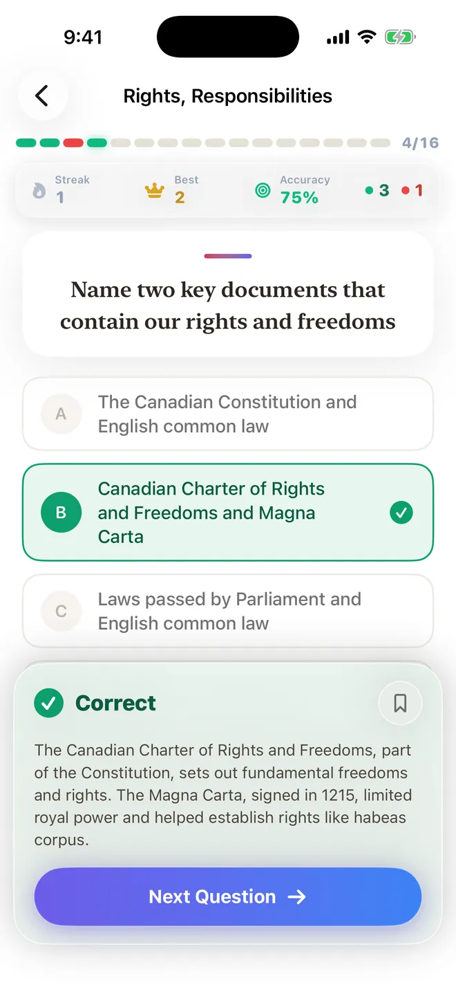 A practice question answered correctly, with the explanation underneath and the streak and accuracy along the top