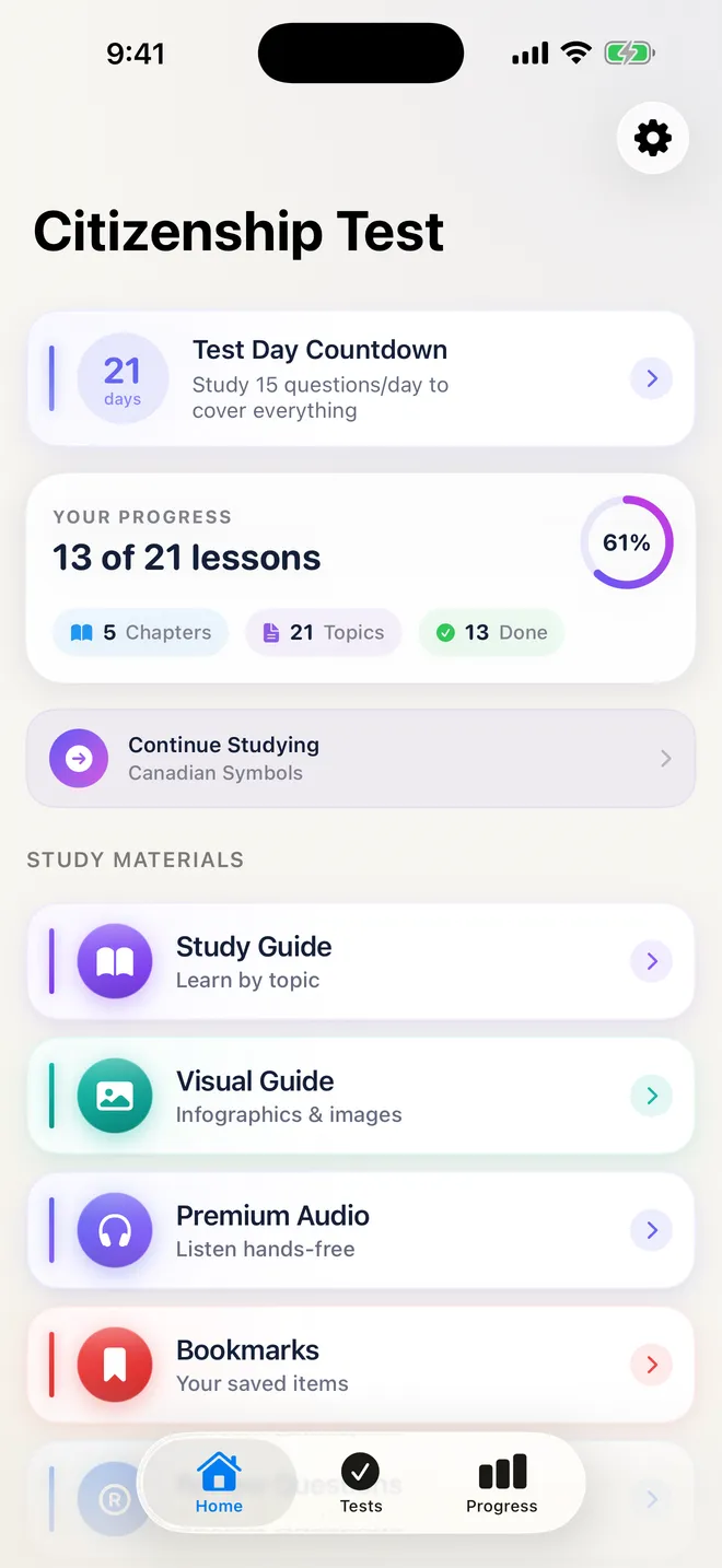 App home screen with a 21-day test countdown, 13 of 21 lessons done, and the study materials list