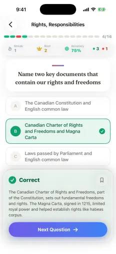 A practice question answered correctly, with the explanation underneath and the streak and accuracy along the top