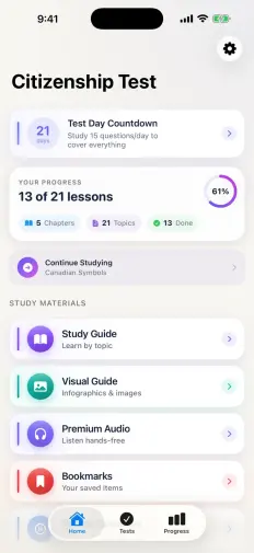 App home screen with a 21-day test countdown, 13 of 21 lessons done, and the study materials list