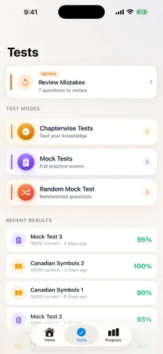 The Tests screen: review mistakes, chapter tests, mock tests and recent results