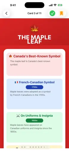 A visual guide card titled The Maple Leaf, with Canada’s best-known symbol and its French-Canadian history