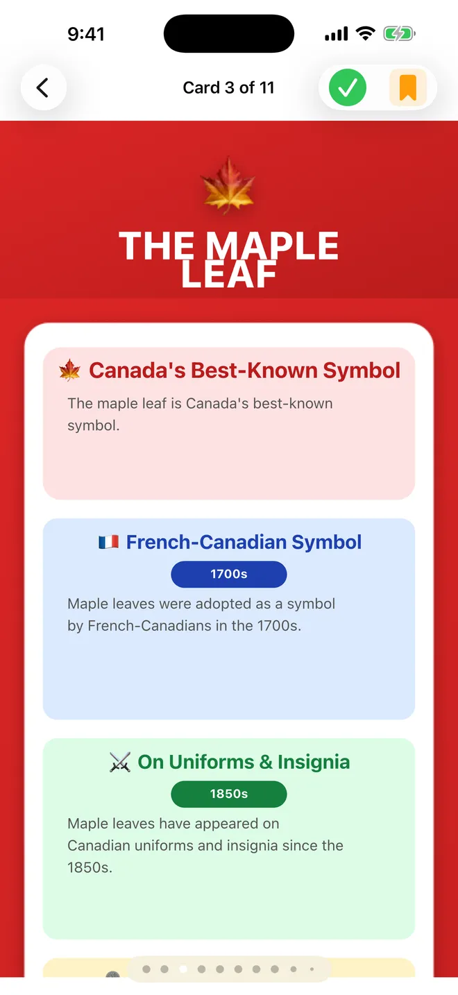 A visual guide card titled The Maple Leaf, with Canada’s best-known symbol and its French-Canadian history