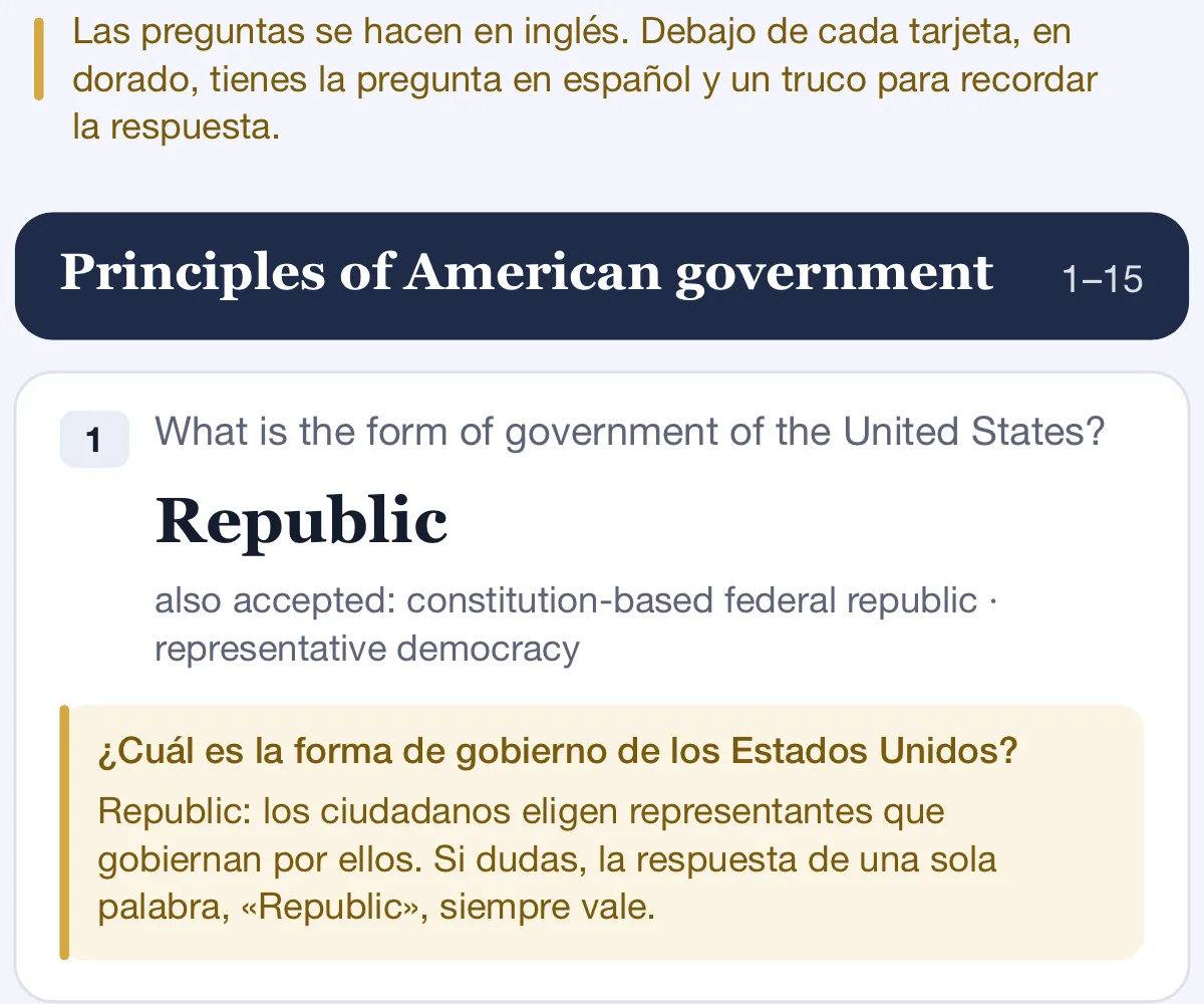Parte de la guía visual: la pregunta 1, What is the form of government of the United States?, con la respuesta Republic, otras respuestas aceptadas y, en dorado, la pregunta en español y un truco para recordar la respuesta