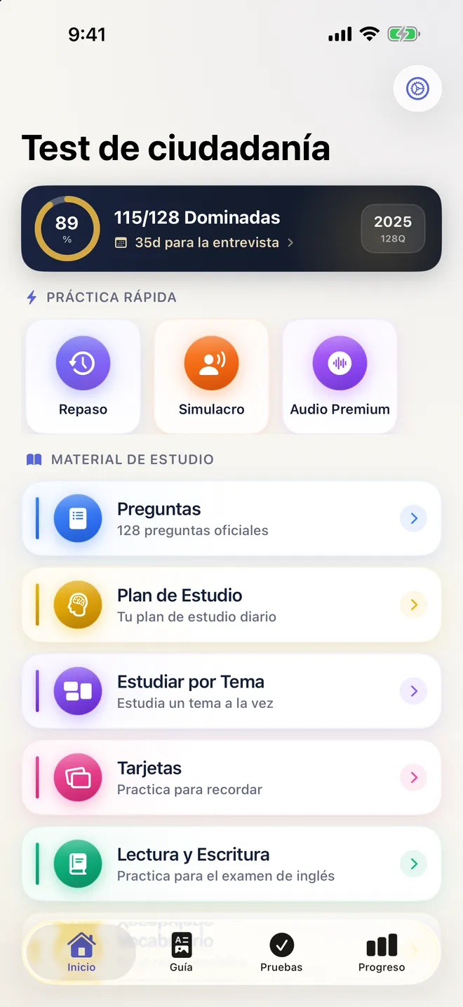 Inicio de la app: 115 de 128 preguntas dominadas y 35 días para la entrevista