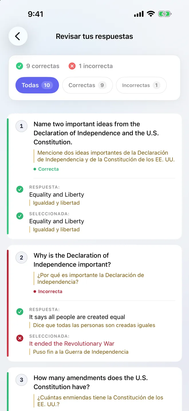Revisar tus respuestas: 9 correctas y 1 incorrecta, cada pregunta en inglés con el español debajo