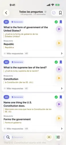 Todas las preguntas: cada pregunta y su respuesta en inglés, con el español debajo, como Republic y República