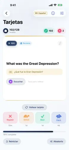 Una tarjeta con la pregunta en inglés, What was the Great Depression?, y debajo, en dorado, ¿Qué fue la Gran Depresión?