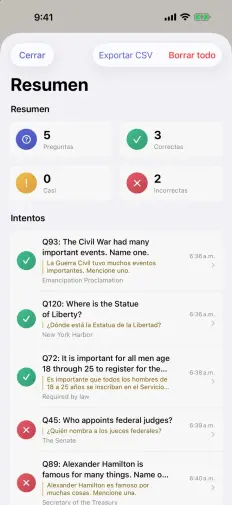 Resumen de la entrevista: 5 preguntas, 3 correctas y 2 incorrectas, cada pregunta con el español debajo