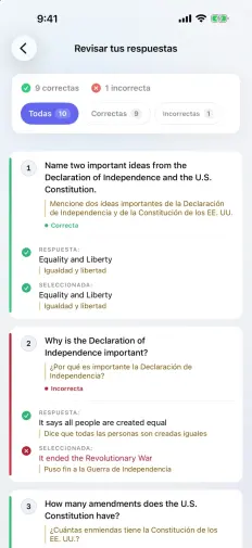 Revisar tus respuestas: 9 correctas y 1 incorrecta, cada pregunta en inglés con el español debajo