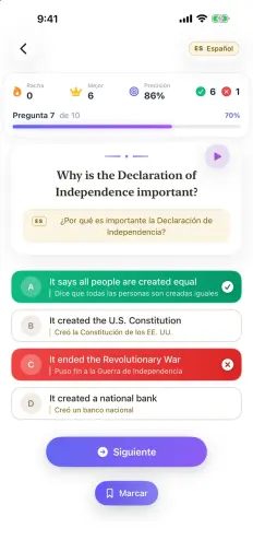 Pregunta 7 de 10 con una respuesta incorrecta en rojo y la correcta en verde, cada una con su línea en español