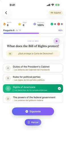 Pregunta 6 de 10: What does the Bill of Rights protect?, con el español debajo de la pregunta y de cada respuesta, y la correcta en verde