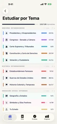 Estudiar por Tema: once temas, cada uno con su barra de progreso, 115 de 128 aprendidas