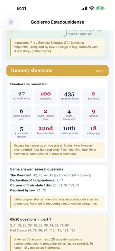 Atajos para recordar: números clave como 27 enmiendas, 100 senadores y 435 representantes, y respuestas que sirven para varias preguntas