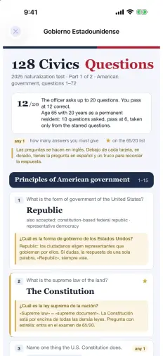 Guía visual: la pregunta 1 con la respuesta Republic, otras respuestas aceptadas y, en dorado, la pregunta en español y un truco para recordar