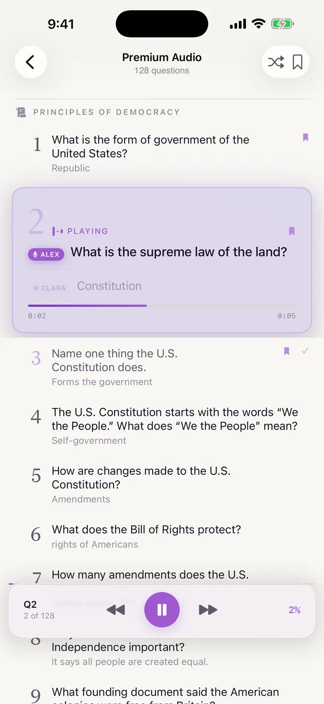 Audio player working through the questions, one voice asking and another answering