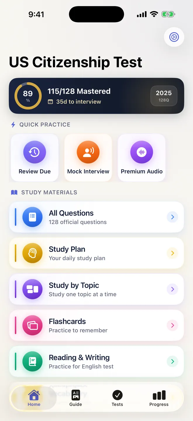 App home screen showing 115 of 128 questions mastered and 35 days to the interview