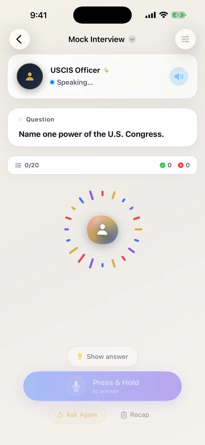 Mock interview screen with the officer speaking and a press-and-hold button to answer