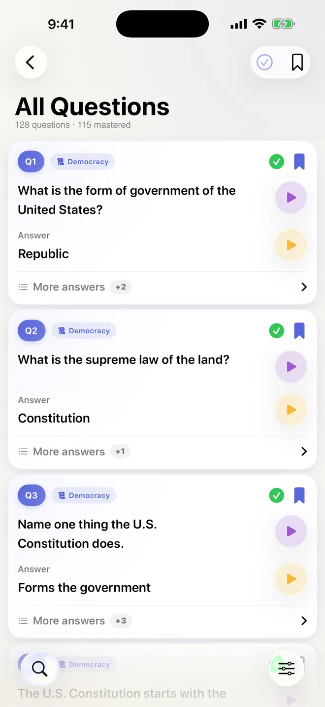 The full list of official questions with their answers and a play button on each