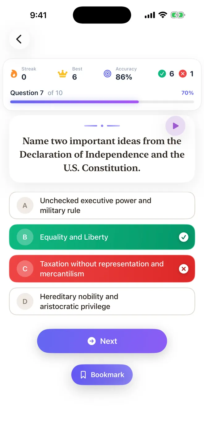 Practice test showing a wrong answer in red beside the correct one
