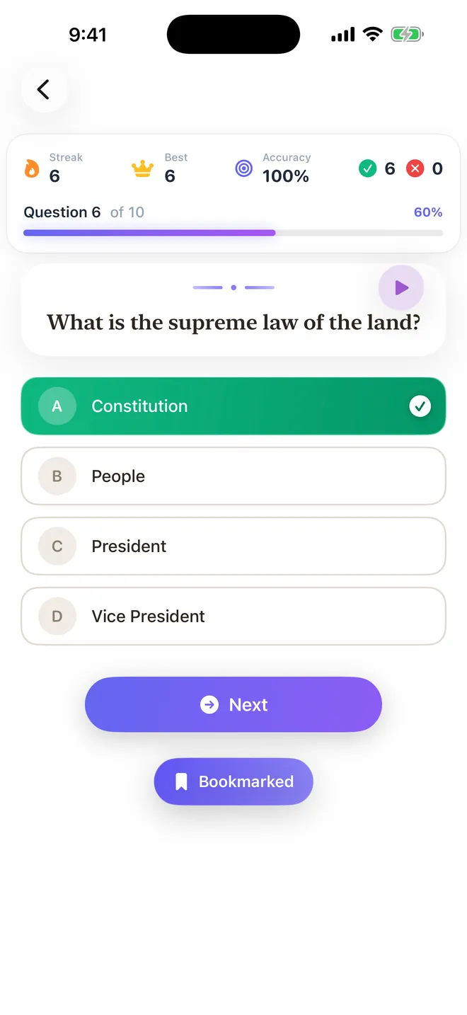 Practice test question six of ten with the correct answer marked in green