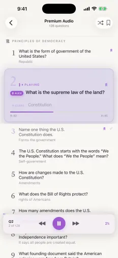Audio player working through the questions, one voice asking and another answering