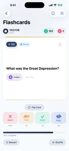 A flashcard asking what the Great Depression was, with Again, Hard, Good and Easy buttons