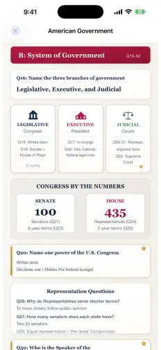 A study guide page on the three branches of government, with the Senate and House numbers