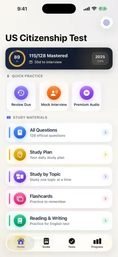 App home screen showing 115 of 128 questions mastered and 35 days to the interview