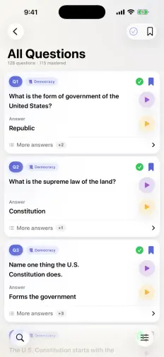 The full list of official questions with their answers and a play button on each