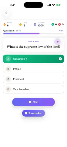 Practice test question six of ten with the correct answer marked in green